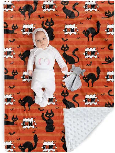 Vista 9 de Manta de Halloween personalizada, diseños de dibujos animados con nombre personalizable, manta de franela de felpa suave con respaldo punteado
