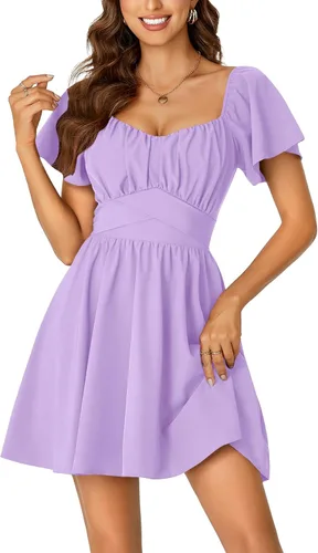 Vista 7 de Rooscier Minivestido acampanado de manga corta con volantes, cuello cuadrado, envolvente y espalda anudada para mujer