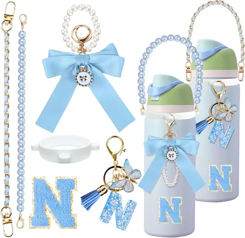 Vista 88 de 6 piezas de accesorios con letras para botella de agua Owala 24 oz 32 oz 40 oz, con lindos dijes iniciales y correa para el asa, compatible