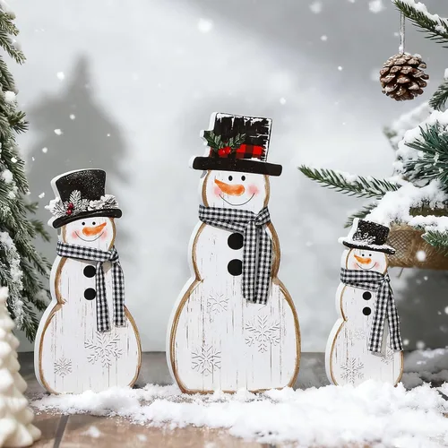 Vista 11 de Decoración de Navidad de muñeco de nieve COCHIE para interiores, lindo juego de decoración de bandeja escalonada de invierno de 3 piezas, bloques