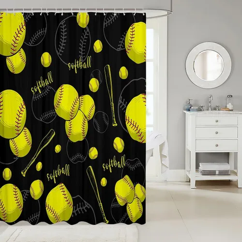 Vista 57 de Decorative White Baseball Shower Curtain Waterproof Polyester Fabric,Red Baseball Bat Bath Curtain Home Bathroom Decor Hanging Curtain with Hooks 72