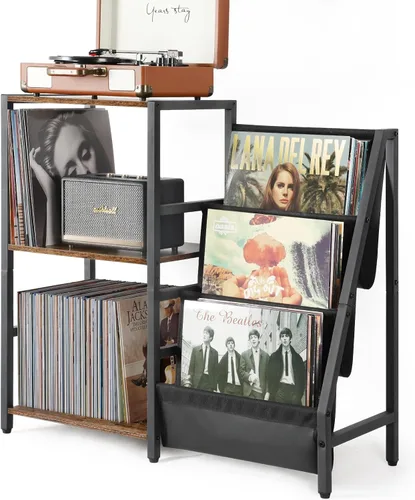 Vista 12 de Bikoney Soporte para Tocadiscos, Soporte para Tocadiscos con Almacenamiento de Discos de Vinilo de 3 Niveles, Mesa para Tocadiscos de Hasta 200