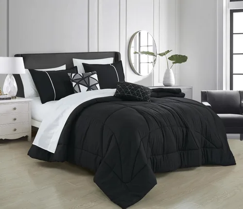 Vista 14 de ESCA Bed-in-a-Bag - Juego de sábanas y edredón de 9 piezas, color negro y rosa, juego de cama en bolsa, tamaño Queen