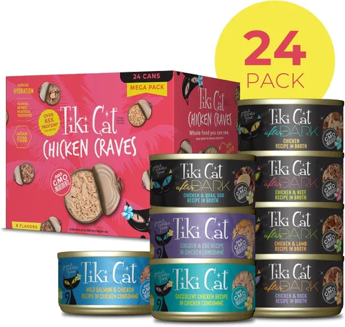 Vista 2 de Tiki Cat® Mega Pack de comida húmeda para gatos, paquete variado de antojos de pollo, lata de 2.8 onzas (24 unidades)