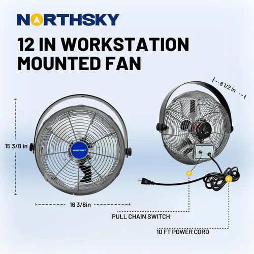 Vista 5 de NORTHSKY 12" ventilador industrial del soporte de la pared 3 velocidades 2400CFM para el garaje del taller