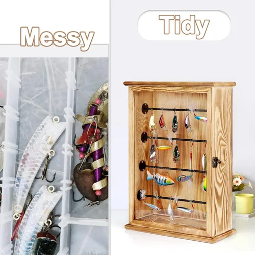 Vista 6 de Estuche de almacenamiento de señuelos de pesca, gabinete de pared, caja de aparejos organizador, regalos de pesca para hombres con puerta