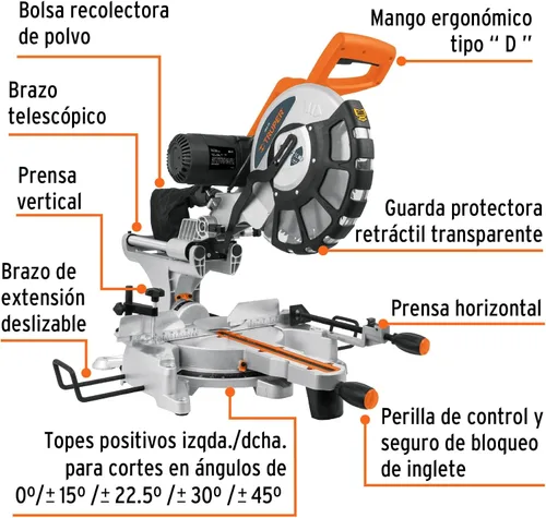 Vista 2 de TRUPER SINCO-12X Sierra ingletadora compuesta de doble bisel de 12 pulgadas con línea láser, 2 3/4 HP (hoja de sierra de madera incluida)