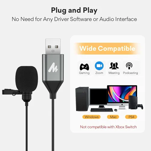 Vista 5 de MAONO Micrófono USB Lavalier, 192KHZ/24BIT Enchufa y usa Omnidireccional Micrófono de solapa Clip de collar de camisa para PC, computadora, Mac