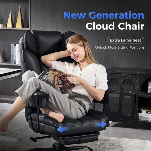 Vista 5 de LukkDys Silla de oficina grande y alta, silla de juegos de cuero con respaldo alto y reposapiés, soporte lumbar, reposabrazos suaves fijos hacia