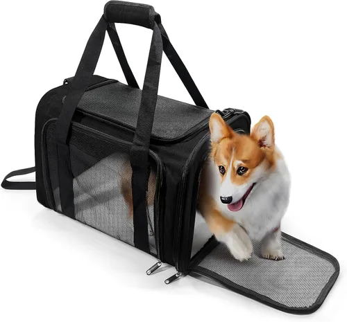 Vista 11 de Transportador para perros para mascotas, hasta 25 libras, transportador de viaje plegable para cachorros con correa para el hombro y tapete Negro