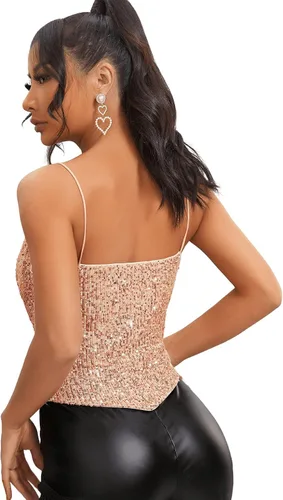 Vista 2 de SweatyRocks Camiseta corta sin mangas con lentejuelas brillantes para mujer, con tirantes delgados, para fiesta