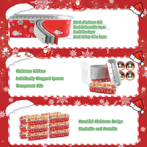 Vista 4 de Paquete de 100 mini moldes para pan de Navidad con tapas, mini moldes para pasteles con tapas y cucharas, moldes de papel de aluminio de 6.8 onzas