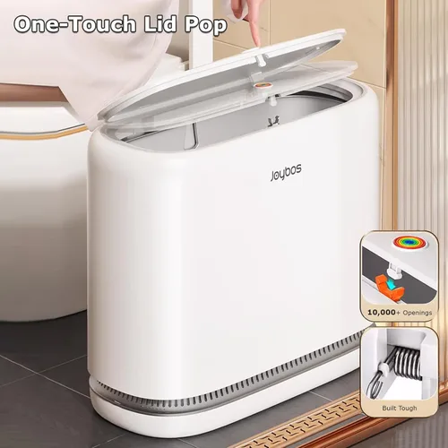Vista 7 de O-MART Basurero de baño con tapa, delgado de 3.2 galones, cesta de basura superior de prensa estrecha para control de olores y a prueba de perros