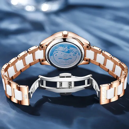 Vista 3 de OLEVS Relojes automáticos para mujer, mecánico, esfera de corazón, esfera de corazón, oro rosa, banda de cerámica, impermeable, luminoso, fecha