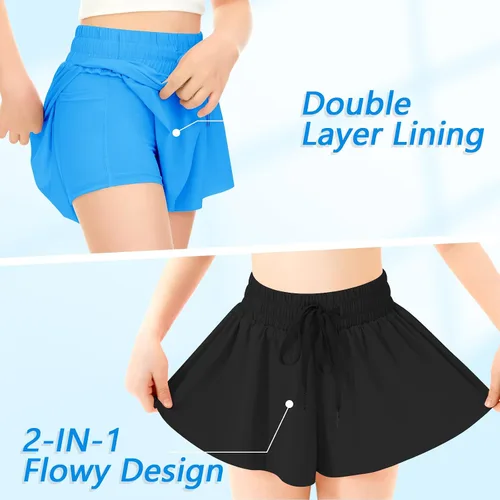 Vista 4 de Pantalones cortos deportivos de mariposa para niñas, pantalones cortos fluidos con bolsillo 2 en 1, pantalones cortos para correr, entrenamiento