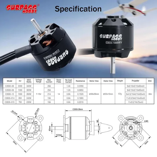 Vista 3 de Surpass C2830 1000KV Motor sin escobillas para aviones RC Ala fija