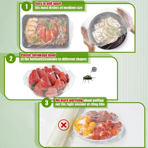 Vista 4 de Fumete 500 fundas elásticas reutilizables para almacenamiento de alimentos y 5 bolsas con cordón, transparente, blanco, material de polietileno