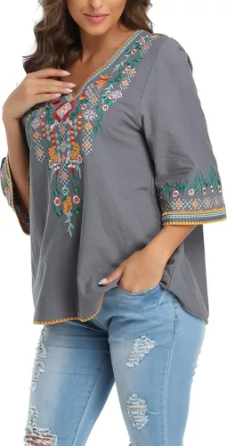 Vista 5 de YZXDORWJ Blusa campesina mexicana bordada con cuello en V para mujer