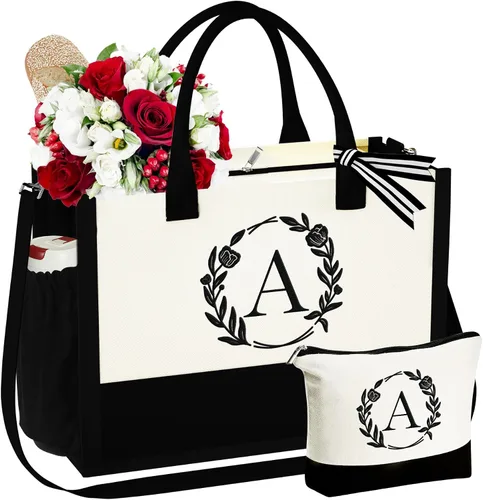 Vista 9 de YOOLIFE Bolsa de lona con inicial, bolsa de playa, bolsa de maquillaje con cremallera, regalos personalizados para madres, amigas, regalos
