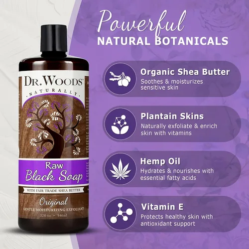 Vista 3 de Dr. Woods Raw Black Hidratante líquido Castilla Jabón orgánico con manteca de karité, 32 onza, Negro Body Wash for Men and Women, Contains Organic