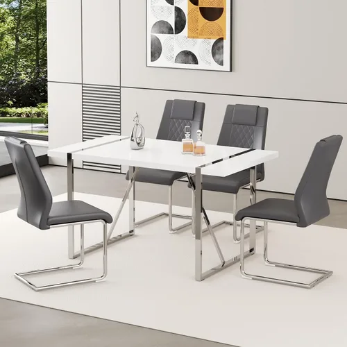 Vista 8 de Juego de mesa de comedor moderna de 55 pulgadas para 4, mesa de comedor negra y marco de metal dorado, mesa de comedor rectangular con 4 sillas