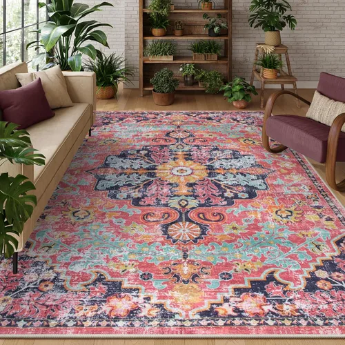 Vista 42 de Lahome Alfombra Floral Bohemio Medaillon - 2x3 Pequeña Alfombra de Baño Rosa Caliente, Alfombra de Cocina, Lavable a Máquina, Antideslizante, Suave