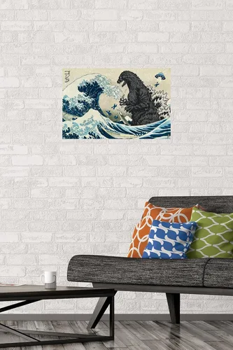 Vista 2 de Trends International Godzilla - Póster de pared Great Wave de 22.4 pulgadas de largo x 14.7 W, versión premium sin marco