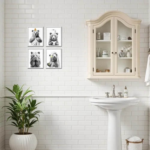 Vista 4 de OFJE Juego de 4 impresiones artísticas divertidas de oso para pared, divertidas imágenes de oso para baño, baño, baño, 8 x 10 pulgadas, sin marco