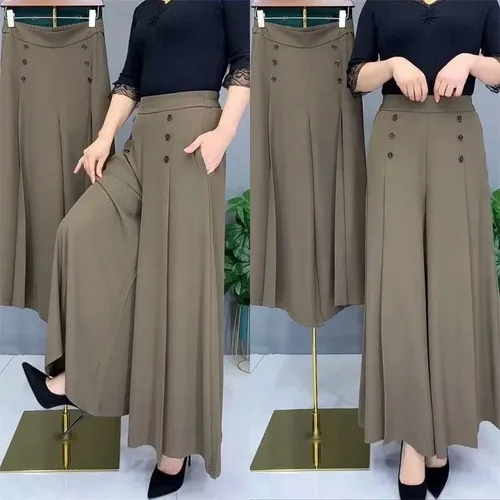 Vista 5 de Pantalones plisados de pierna ancha con estilo fresco y delgado, pantalones de cintura alta con doble botonadura y pierna ancha, pantalones plisados