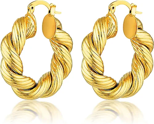 Vista 79 de Aretes de aro gruesos de oro para mujer, chapados en oro de 14 quilates, aretes de aro triple, hipoalergénicos, a la moda, aretes de aro gruesos