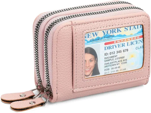 Vista 12 de RNIEGA Cartera pequeña de piel con bloqueo RFID para tarjetas de crédito, cartera pequeña para mujer, doble cremallera con ventana de identificación