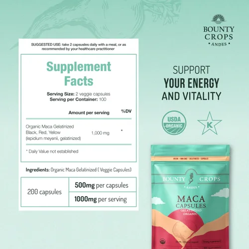 Vista 3 de Cápsulas de polvo de maca orgánica: 1000 mg por porción, gelatinizadas, sin OMG, 200 cápsulas veganas, maca peruana negra, roja y amarilla, apoyo