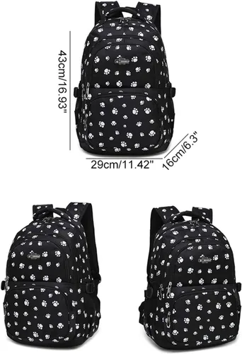 Vista 2 de JiaYou Mochila escolar con estampado de huellas de perro para adolescentes, niñas, estudiantes de escuela primaria, Negro 3Pcs, Mochilas Daypack
