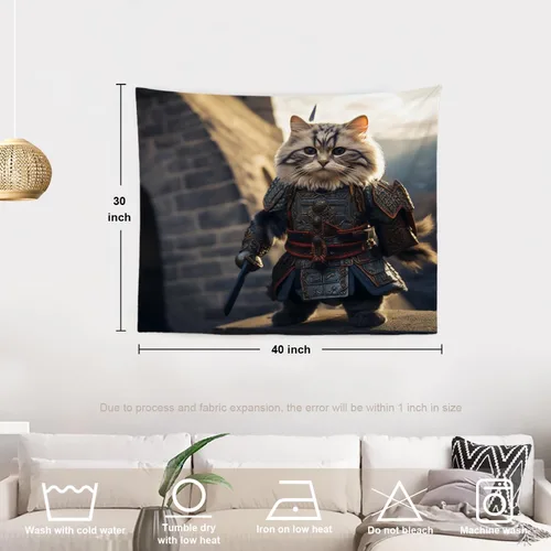 Vista 5 de Batmerry Cat In Armor Polyester Tapestry, Cat Armor Sword Warrior Battle Shield Lightweight Wall Hanging High-Definition Print Backdrop For Dorm