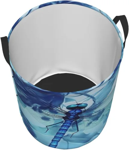 Vista 3 de Cesta circular con estampado de libélula azul artística impermeable, cesta organizadora de almacenamiento con asas para ropa, juguetes, pequeña