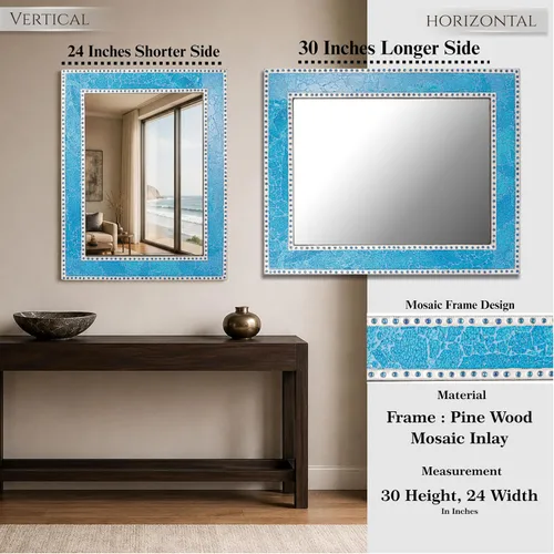 Vista 5 de Espejo de pared de mosaico de vidrio agrietado turquesa de 30 x 24 pulgadas, espejo de pared rectangular decorativo hecho a mano, colgante