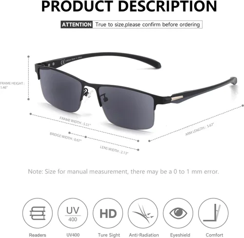 Vista 4 de SKYOAK Paquete de 2 lentes de sol de lectura prémium para hombres con protección UV400 al aire libre, TR90 lectores de sol con lente oscura Lectores