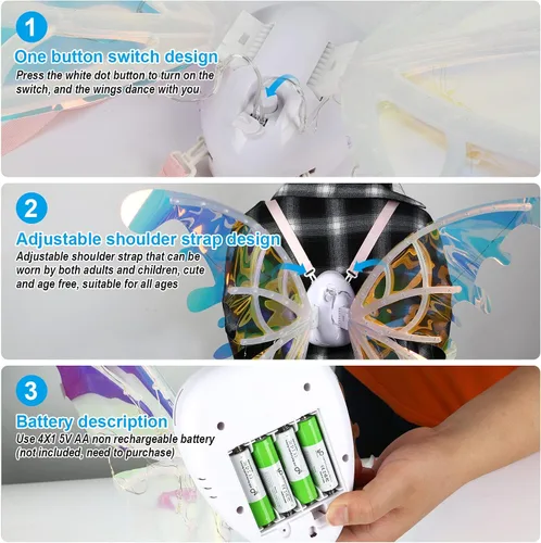 Vista 4 de Alas de mariposa LED para niñas, mujeres, perros, alas brillantes para mascotas con luces LED y música, alas iluminadas para adultos, alas