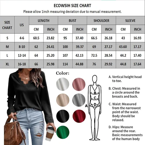 Vista 3 de ECOWISH Blusas de manga larga con cuello en V y encaje sólido para mujer estilo casual para otoño invierno estilo túnica