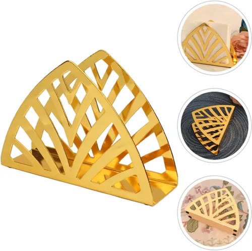 Vista 9 de Metal Napkin Holder Stand, Gold Triangular Tissue Dispenser for Restaurant and Home Table, Iron Art Hollow Design Napkin Storage Rack for Kitchen