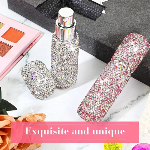 Vista 4 de Atomizador de perfume portátil para viajes, con diamantes de imitación de 0.3 fl oz, recargable, mini botella de perfume recargable, fácil de Azul