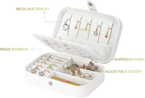 Vista 5 de Smileshe Joyero, estuche de viaje portátil de piel sintética, organizador de 2 capas, caja de almacenamiento para anillos, aretes, collares, pulseras