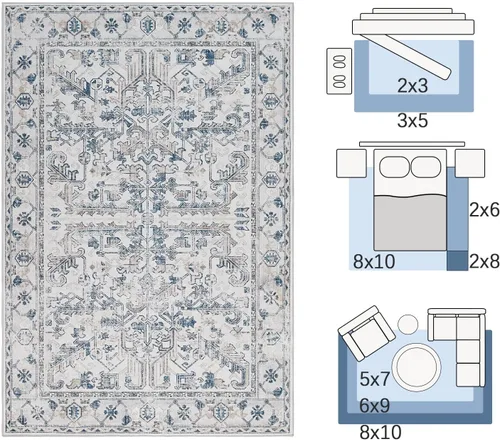 Vista 185 de jinchan Lima - Alfombra simétrica floral geométrica lavable, alfombra de entrada de medio círculo de 2 x 3, alfombra de media luna, suave y Azul