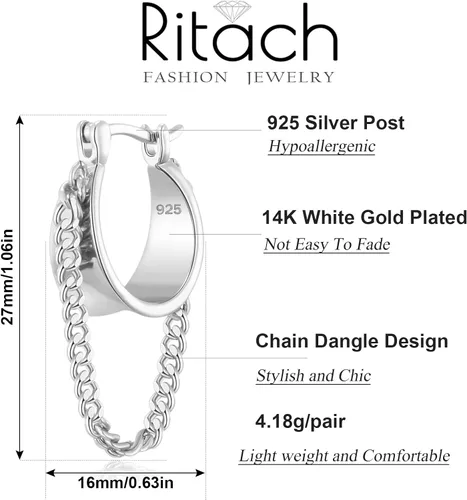 Vista 2 de Ritach Pendientes de Cadena Dorada para Mujer, Elegantes y Tendenziosos, de Plata de Ley 925 con Poste, Chapados en Oro de 14k, Pendientes de Aro