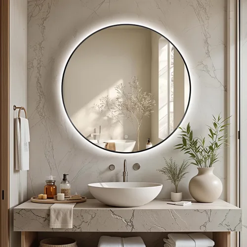 Vista 22 de Espejo de Baño LED Redondo de 24", Espejo de Tocador Retroiluminado Montado en Pared con Marco Biselado de 45°, Espejo Iluminado para Dormitorio