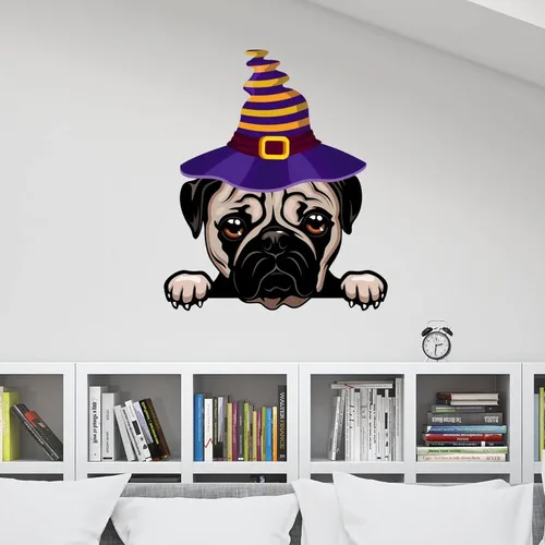 Vista 4 de Calcomanías de pared de Halloween con diseño de brujas, calcomanías de feliz Halloween, calcomanías de bienvenida para perro pug, decoración