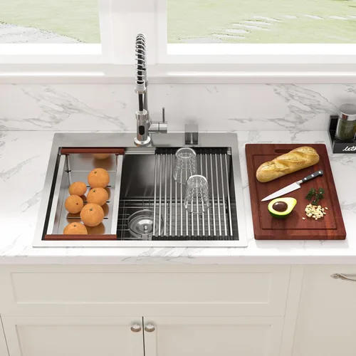 Vista 45 de Sarlai - Fregadero de cocina de cascada de 31 pulgadas, de montaje superior - 31x20 Fregadero de cocina con borde y estación de trabajo, de acero