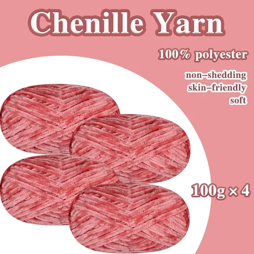 Vista 3 de 4 piezas de 400g de hilo de terciopelo chenilla suave para tejer a ganchillo, hilo esponjoso y cálido para tejer y ganchillo, manualidades DIY Rosa