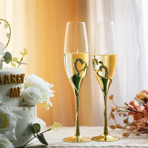 Vista 4 de Copas de champán para boda, copas de flauta para novia y novio, creativas copas de vidrio de lujo con borde de diamantes de imitación decoración