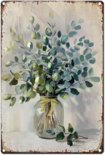 Vista 12 de Letrero de metal con flores vintage de 0.79 x 1.18 pulgadas, narcisos retro, tulipán, cubeta de hierro, póster de arte de pared para habitación
